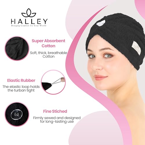 HALLEY Cotton Hair Towel Wrap - Super Absorbent Fast Drying Turbans (3 Pack)