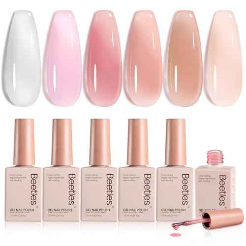 Beetles Jelly Gel Nail Polish Set - 6 Colors Neutral Sheer Milky White Nude Pink Gel Polish Kit Translucent Soak off UV French Nail Art Manicure Gift for Women Girls