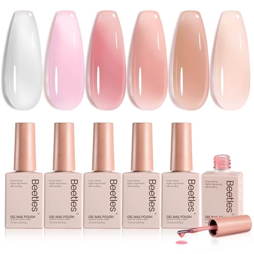 Beetles 6-Color Jelly Gel Nail Polish Set - Sheer Milky White & Nude Pink