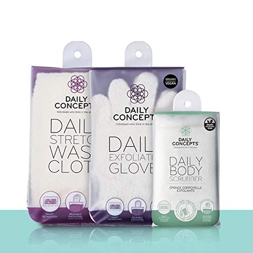 Body Basics by Daily Concepts - Daily Body Scrubber + Daily Stretch Wash Cloth + Daily Exfoliating Gloves