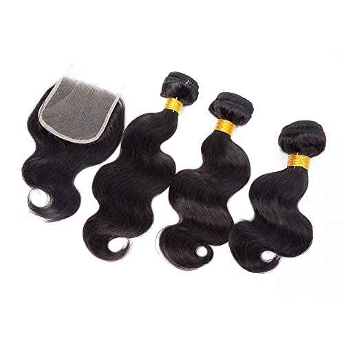 Kapelli Hair Body Wave Bundles with Closure (12 14 16+10) Human Hair Bundles with Closure 100% Unprocessed Brazilian Virgin Remy Hair Extensions Real Human Hair for Women Quick Weave Natural Black