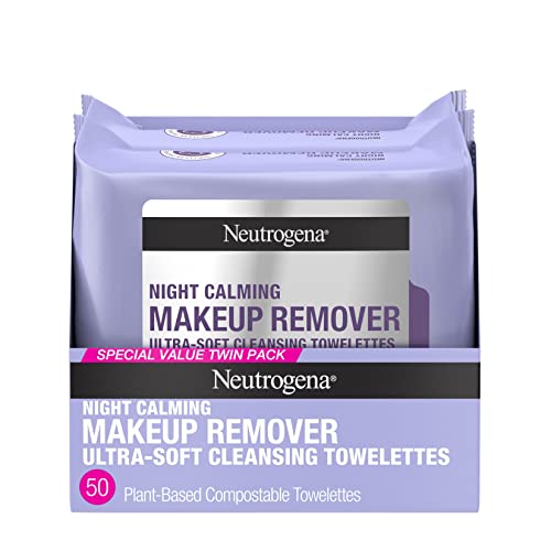 Neutrogena Night Calming Cleansing Makeup Remover Face Wipes, Nighttime Facial Towelettes to Remove Sweat, Dirt & makeup, Leaves Skin Feeling Calm, Alcohol-Free, 100% Plant Based Cloth, 25 ct