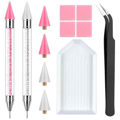 2 Pack Rhinestone Picker Tool Dotting Pen with 4 Wax Tips and Tray, Wax Pencil for Rhinestones, Gem Picker Pen Diamond Jewel Applicator, Rhinestone Tools for Bedazzling DIY Nail Art