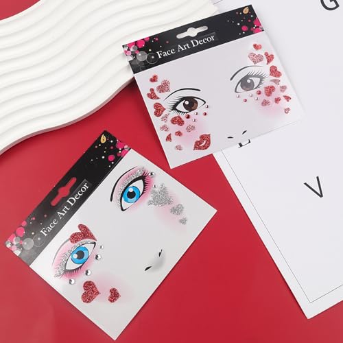 Red Glitter Heart Face Stickers with Rhinestones - 2 Pack