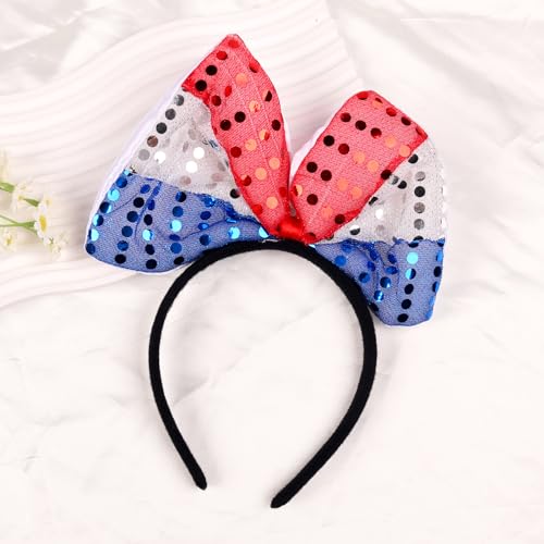 TIMMOKO 4th of July Headband for Women Girls Red White And Blue Bows With Sequin Patriotic Hairband American Flag USA Independence Day Head Band Hair Accessories Gifts 1Pcs