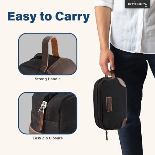 emissary Men's Toiletry Bag, Leather and Canvas Travel Toiletry Bag, Dopp Kit for Men, Travel Bathroom Bag Men's Shaving Kit, Travel Kit Small Bags for Men, Shaving Bag for Travel Accessories (Black)