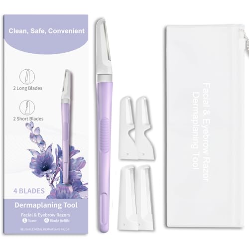 Dermaplane Razor for Women Face, Precision Face Razors for Women, Dermaplaning Tool, Gentle Exfoliation, Facial Hair Removal and Perfectly Shape Brows, Reusable Metal Handle with 4 Microblades, Purple