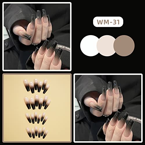 Long Press on Nails Coffin Black Fake Nails Gradient Designs Gothic Stick on Nails Nude False Nails Stick on Nails for Women Girls Nail Decoration