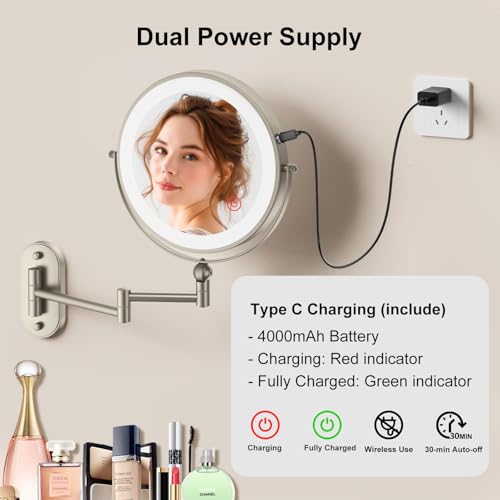 9" Wall Mounted Lighted Makeup Mirror with 10X Magnification