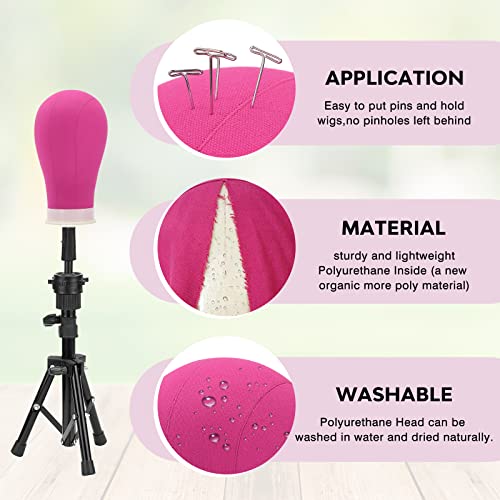 23 Inch Canvas Wig Mannequin Head with Tripod Stand for Wigs Making Display with T Pins Set Bristle Brush(Rosy)