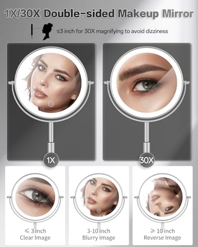 VFD 8" 30X Magnifying Makeup Mirror with Lights & Height Adjust