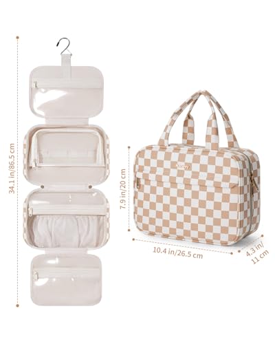 Narwey Light Brown Checkerboard Hanging Travel Toiletry Bag for Women, 4-Compartment Organizer