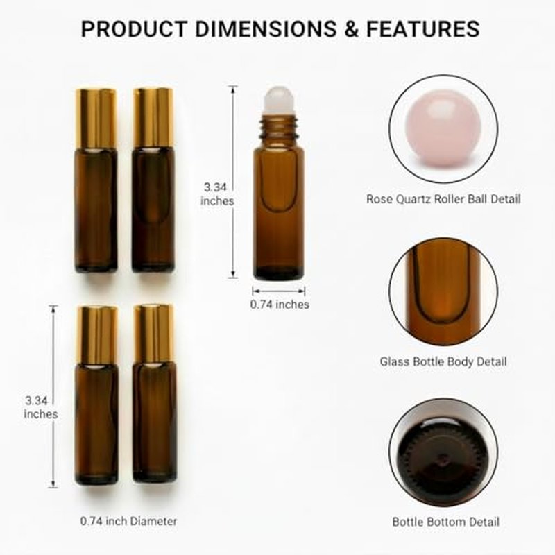 4-Pack Rose Quartz Roller Bottles - 10ml Amber Glass Set for Essential Oils
