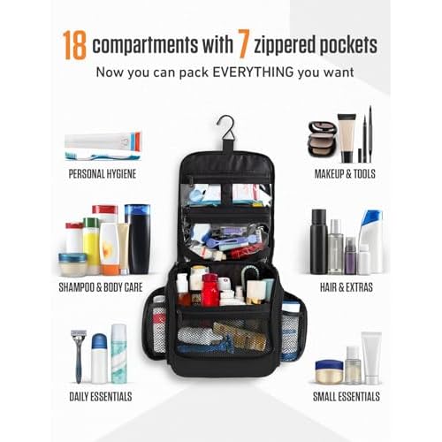 VENTURE 4TH Hanging Travel Toiletry Bag for Women & Men ? Large Toiletry Organizer with 18 Compartments, Removable TSA Pouch, Travel Wash Bag for Toiletries, Makeup & Shaving Kit (Black)