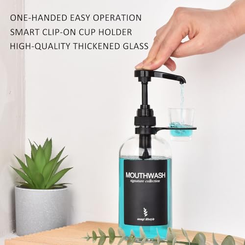 Clear Glass Mouthwash Dispenser with Cup Holder and Pump, 16 Oz