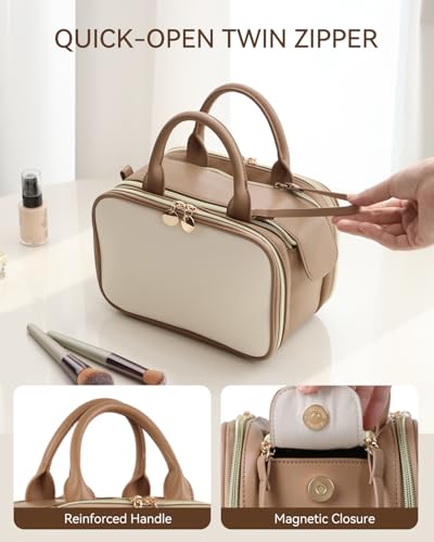 Large Waterproof Makeup Bag with Brush Holder & Handle