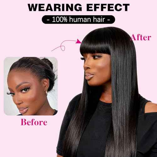 2x4 Lace Front Wigs With Bangs Human Hair Lace Closure Wig 200% Density Brazilian Virgin Hair Glueless Wig Natural Black Color(10 Inch)