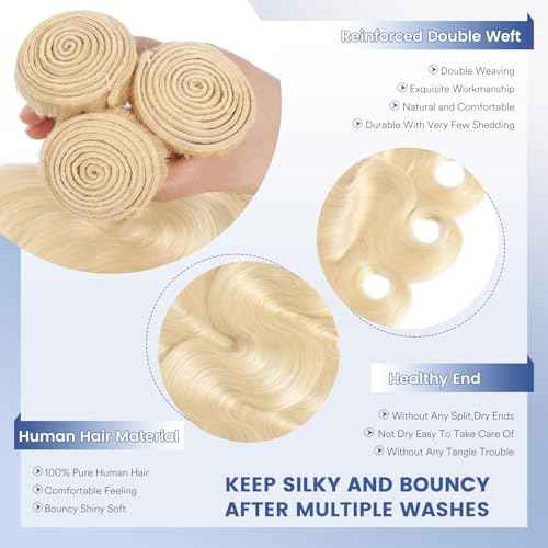 16A 613 Bundles Human Hair Blonde Body Wave 16 18 20 inch, 100% Real Human Hair No Synthetic Blended Sew in Quick Weave Bundles Human Hair Extensions Double Weft, Triple Lifespan 3X, Can Be Dyed