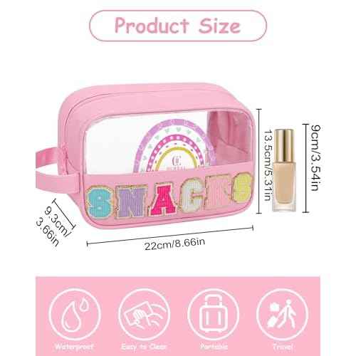 MONSTINA Snack Bag Clear Pouch Makeup Travel Toiletry Bag,Waterproof Clear Embroidery Letters Cute Digital Printing Rainbow Cosmetic Tote Bag for Women Girls,PU Leather Pink