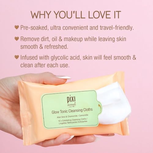 Pixi Beauty Glow Tonic Cleansing Cloths | Cleansing, Exfoliating, and Hydrating Disposable Face Towelettes | 3 Packs of 10 Face Wipes (30 Wipes Total)