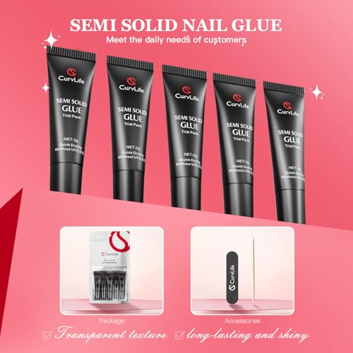 CurvLife Nail Tips Semi Solid Nail Glue 2g (5pcs) - Super Strong, Soft Glue Gel Quick Drying Adhesive for Press On Nails, No UV Light Needed
