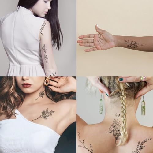 Black Floral Temporary Tattoos - Waterproof Realistic Flower Design