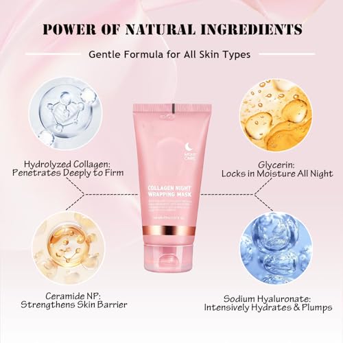 Collagen Night Wrapping Mask (2.54 fl oz), Peel-off Night Mask With Applicator, Deeply Nourish &Moisturize & Firm Skin,Natural Ingredients Gentle On Skin