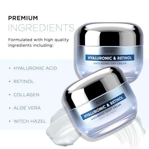 Hyaluronic Acid & Retinol Day/Night Cream Value Set - Rejuvenating, Anti Aging & Hydrating Face Moisturizer - Reduces Wrinkles & Evens Dark Spots - Vegan Skin Care Made in Korea -2x1.69fl.oz by Azure