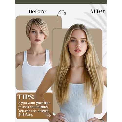 Loxxy Sew in Hair Extensions Real Human Hair 18 Inch Hand Tied Genius Weft Hair Extensions for Women Light Brown Highlighted Platinum Blonde One Piece 50g P#8/60A