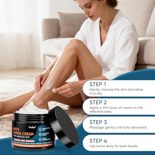 VREKEF Urea Cream 60% with 2% Salicylic Acid - Deep Hydration Foot Cream for Dry Cracked Heels & Calluses, 5.29 oz