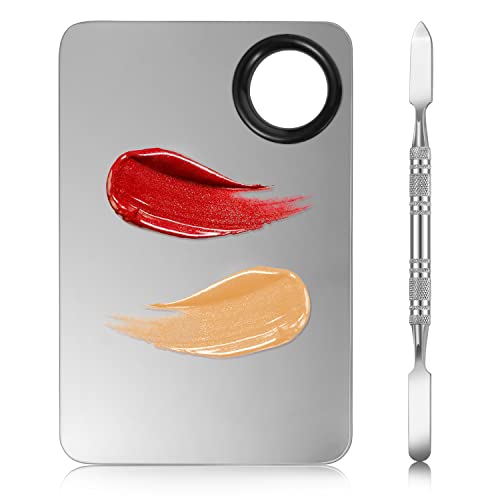 2 in 1 Rectangular Makeup Mixing Palette Set with Spatula - Portable Stainless Steel Cosmetics Tool