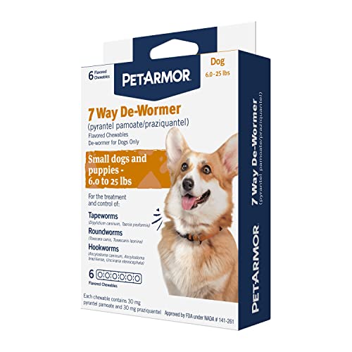 PetArmor 7 Way De-Wormer for Dogs, Oral Treatment for Tapeworm, Roundworm & Hookworm in Small Dogs & Puppies (6-25 lbs), Worm Remover (Praziquantel & Pyrantel Pamoate), 6 Flavored Chewables