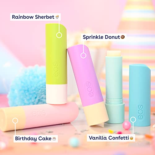 eos Happy Vibes Lip Balm Variety Pack- Sprinkle Donut, Birthday Cake, Vanilla Confetti & Rainbow Sherbet, All-Day Moisture Lip Care Products, 0.14 oz, 4-Pack