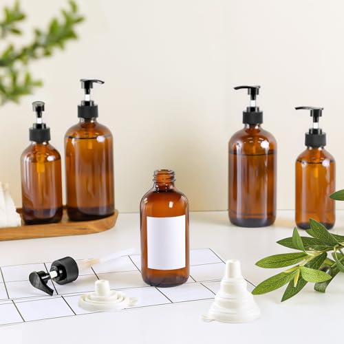 12 Pack Amber Glass Bottles 8oz with Pump Dispensers, Refillable Empty Pump Bottles for Bathroom, Kitchen, Shampoo, Soap, Lotion ? Includes 2 Funnels & 12 Labels