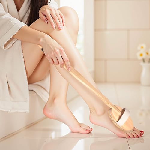 Wood Body Brush Set,19.3¡¯¡¯ Long Handle Bath Body Back Scrubber Soft & Stiff Bristles Detachable 2 Brush Heads Gentle Exfoliator Remove for Wet & Dry Use