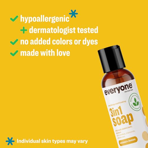 Everyone 3-in-1 Soap Body Wash, Bubble Bath, Shampoo, Travel Size, 2 Ounce (Pack of 1), Coconut and Lemon, made with Essential Oils for Men and Women