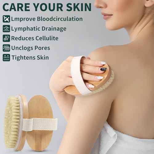 Dry Brush Set for Body & Face - Dry Brushing Body Brush with Long Handle & 3 Replacement Heads (Soft/Medium/Firm) for Lymphatic Drainage Cellulite