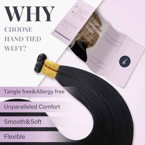 Fshine Real Human Hair Genius Weft Hair Extensions for Women Jet Black Human Hair Sew in Hair Extensions 22 Inch 60g Remy Human Hair Bundle Natural Long Straight Hair Extensions