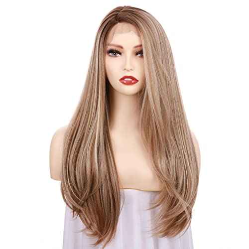 Onedor 24 Inch Fiber Straight Lace Front Wig - Glueless Side Part Dark Root Wigs for Women (Dark Natural Blonde Blended & Pale Golden Blonde with Dark Roots-OT8/386/624)