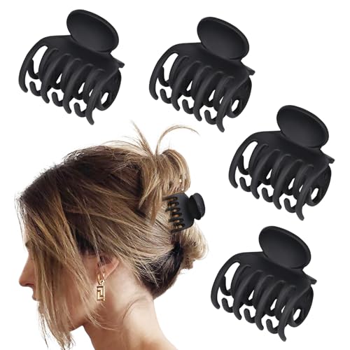 Small Claw Clips for Thin Hair, 4 Pack - Double Row Teeth, Matte Black