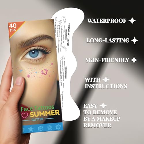 Cerlaza 40 Pc Waterproof Glitter Temporary Tattoos & Freckles