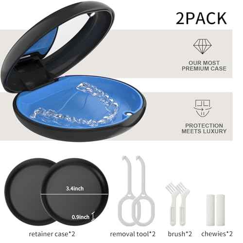 2Pack Retainer Case with Mirror, Compatible with Invisalign, Orthodontic Aligner Case with Removal Tool and Brush, Black