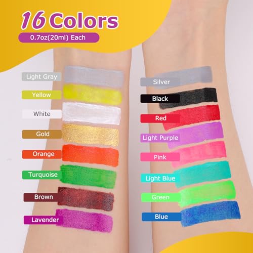 16 Color Face Paint Set - Water Based Washable Makeup with Brushes