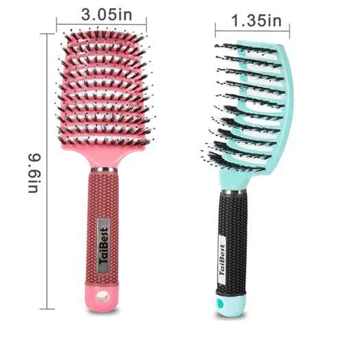 Boar Bristle Brush Set - Dry/Wet Detangler for Fine, Thick, Curly Hair - Curved and Vented Brush for Women, Men or Kids (Green & Apricot Pink)