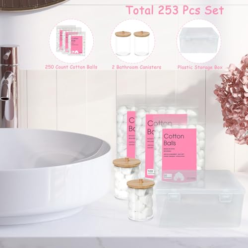 100% Pure Organic Cotton Balls - 250 Count Set with 2 Storage Holders