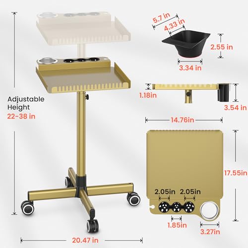 Gold Salon Rolling Cart with Magnetic Dye Bowls