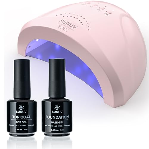SUNUV UV Nail Lamp, 15ml Top and Base Coat Gel Polish Set Home and Salon Use SUNONE Pink