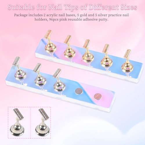 ANGNYA Nail Stand for Press on,2 Set Aurora Nail Holder for Painting Nails Press on Nail Stands Fake Nail Stand with 96 Pcs Reusable Sticky Putty for Nail Art Display Home & Salon Use