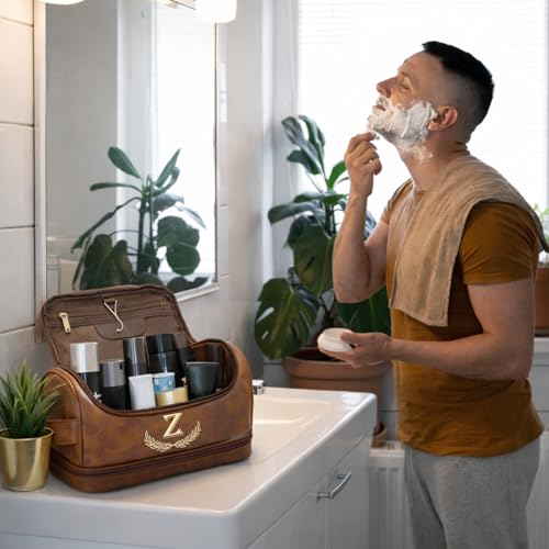 Personalized Gifts for Men -Father Day Gifts Personalized Toiletry Bag with Engraved Monogram - Leather Travel Kit Shaving Organizer - Unique Present for Him, Husband, Dad £¨J£©