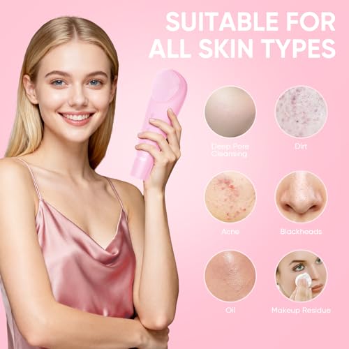 Silicone Face Scrubber Blackhead Scraper Rechargeable 2-in-1 Facial Cleansing Brush & Skin Spatula Duo, IPX7 Waterproof Exfoliating Massager Deep Cleansing for Women and Men£¨Light Pink£©